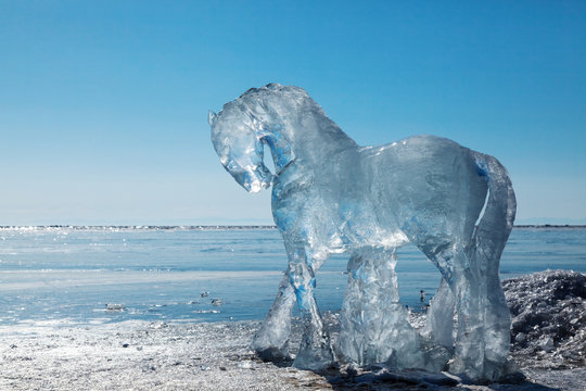 Horses, a sculptures  from ice