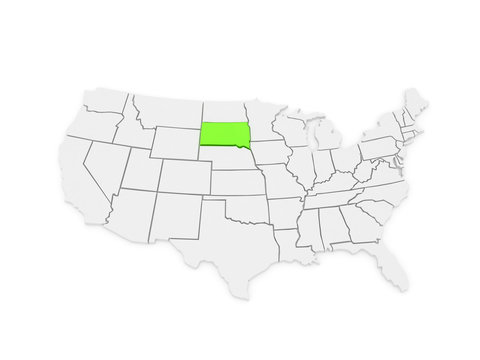 Three-dimensional map of South Dakota. USA.