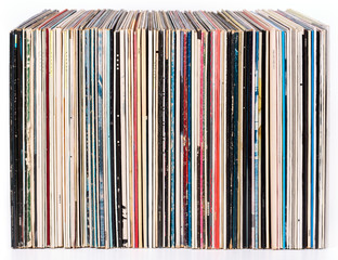 Row of vinyl records, isolated on white - obrazy, fototapety, plakaty