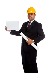 Asian engineer man show blank sign with blueprint