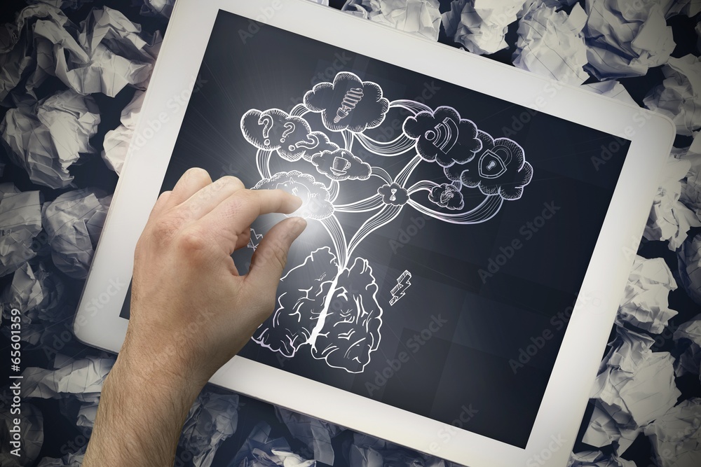 Poster composite image of hand touching tablet