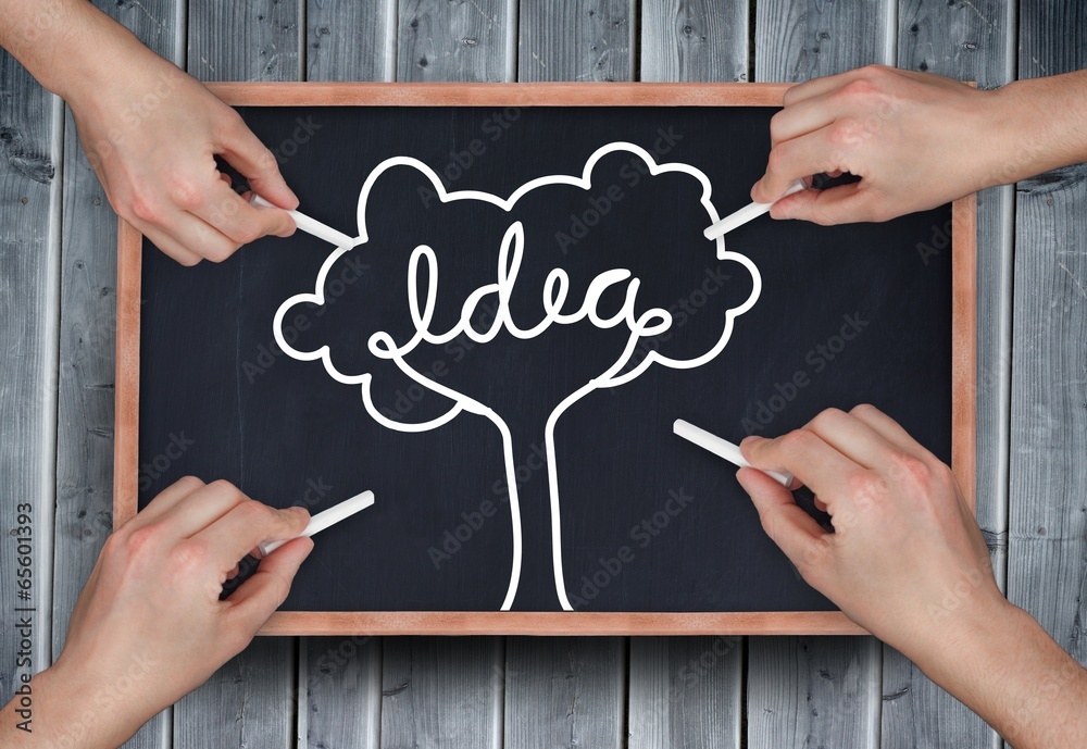 Leinwandbilder composite image of multiple hands drawing idea tree with chalk