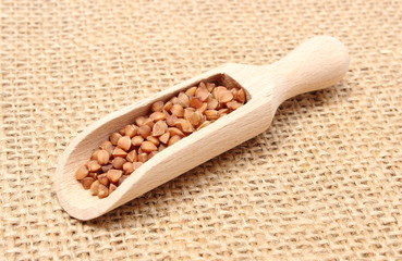 Buckwheat on wooden spoon lying on jute canvas