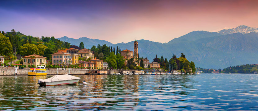 View of the city Mezzegra, colorful evening on the Como lake