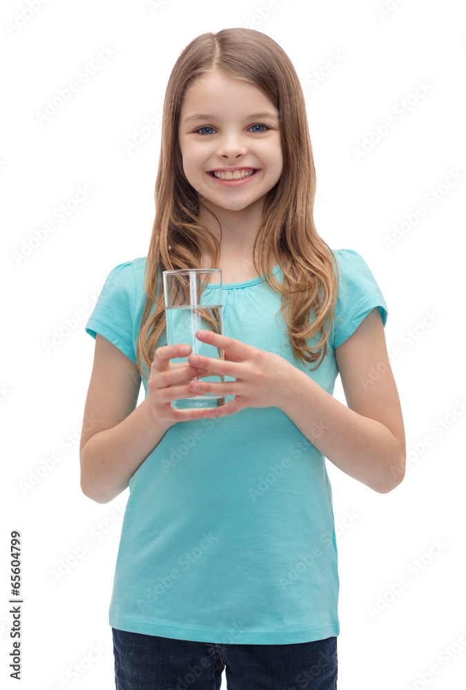 Sticker smiling little girl with glass of water