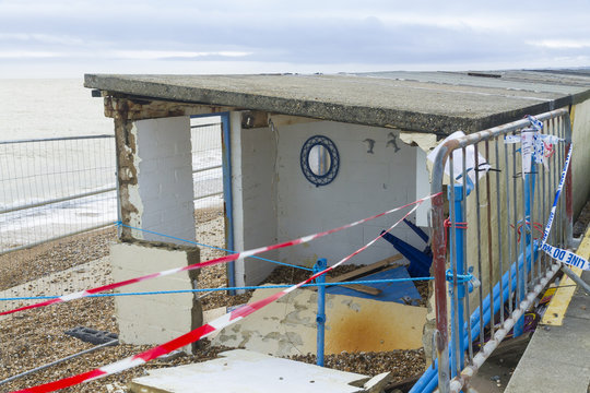 February 14 Storm Damage 2014, concrete beach huts damaged, Milf