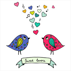 Two colorful birds, hand-drawn with hearts and notes
