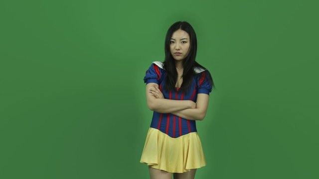 Asian snow white isolated greenscreen green background upset