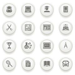 Education icons on gray buttons.