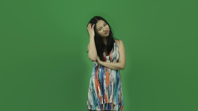 Asian girl summer dress isolated greenscreen green background