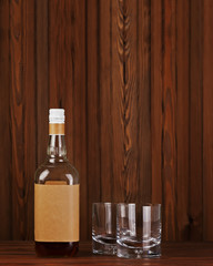 Glasses with ice for whiskey and bottle on wooden background.