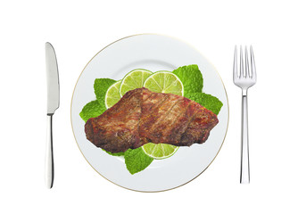 Grilled steaks and lime slices on plate isolated on white