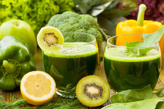 Healthy green smoothies with various vegetables