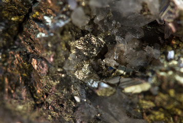Crystal,nugget, gold, bronze, copper, iron. Macro.