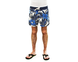 Closeup on legs of male in shorts and flip flops