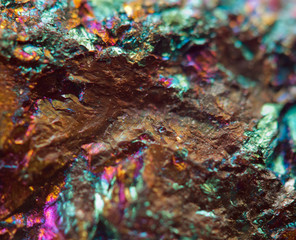 Crystal,nugget, gold, bronze, copper, iron. Macro. Extreme close