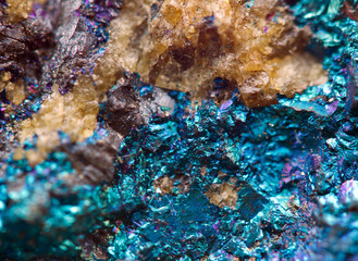Crystal,nugget, gold, bronze, copper, iron. Macro. Extreme close