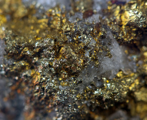 Crystal,nugget, gold, bronze, copper, iron. Macro