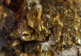 Crystal,nugget, gold, bronze, copper, iron. Macro. Extreme close