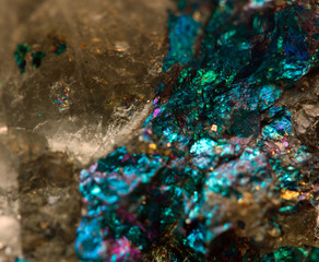Crystal,nugget, gold, bronze, copper, iron. Macro. Extreme close