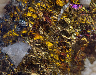 Crystal,nugget, gold, bronze, copper, iron. Macro. Extreme close