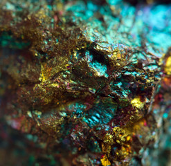 Crystal,nugget, gold, bronze, copper, iron. Macro. Extreme close