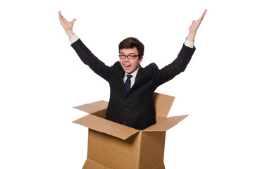 Funny man with boxes isolated on white