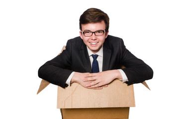 Funny man with boxes isolated on white