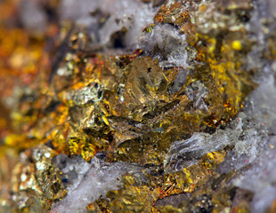 Crystal,nugget, gold, bronze, copper, iron. Macro. Extreme close