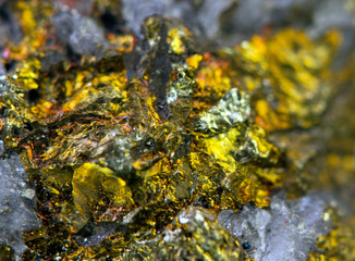 Crystal,nugget, gold, bronze, copper, iron. Macro. Extreme close