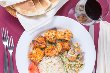 Chicken shish kebab with rice pilaf