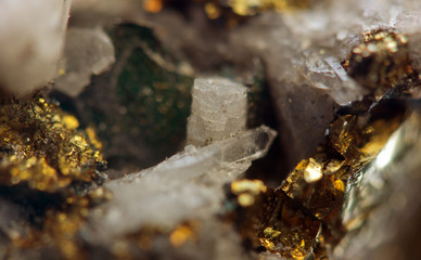 Crystal,nugget, gold, bronze, copper, iron. Macro. Extreme close