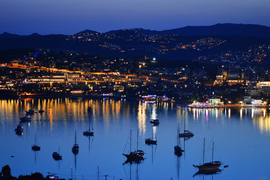 View of Gumbet Bay by night. Turkish Riviera.