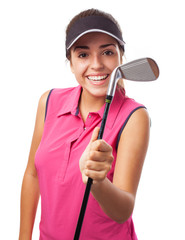 pretty woman holding a golf club isolated on white background