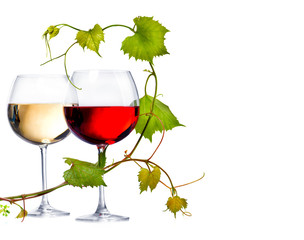 Two glasses of red and white wine decorated with grape leaves