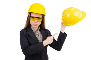 Woman construction worker isolated on white