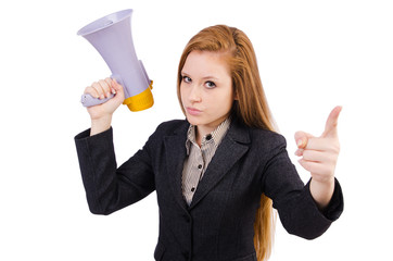 Woman with loudspeaker isolated on the white