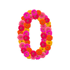 Numbers 0 made from Zinnias flowers