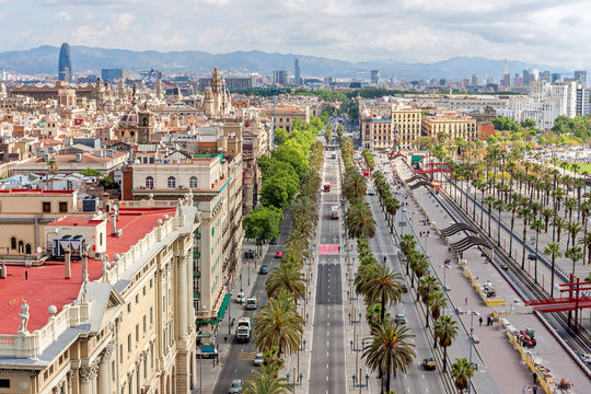 Aerial view of Passeig de Colom and the skyline of Barcelona, Sp