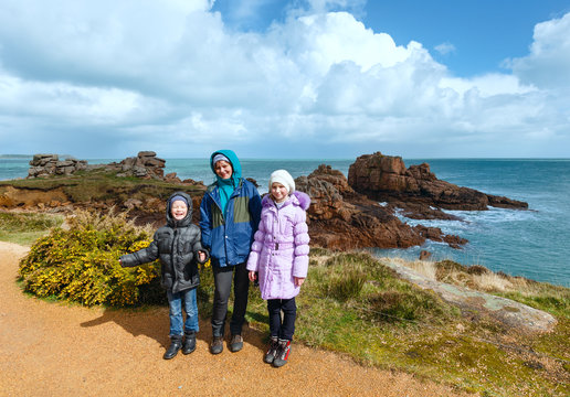 Family and Ploumanach coast spring view (Brittany, France)