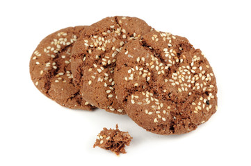 Chocolate Cookies with Sesame Seeds Isolated on White Background