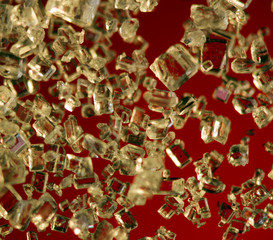 Crystals on a red background. Extreme closeup. Macro