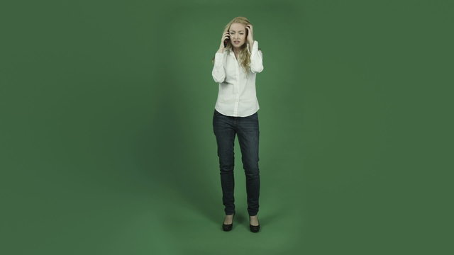 caucasian woman isolated on chroma green screen background sad