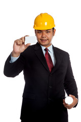Asian engineer man hold blueprint show a blank card