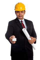 Asian engineer man hold blueprint give a blank card