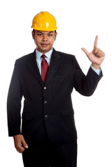 Asian engineer man point up and smile