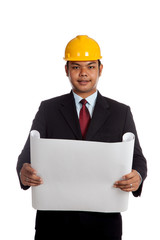 Asian engineer man open a blue print look at camera