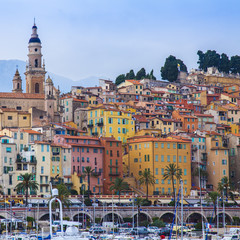 Menton , France. View of the city and waterfront from the sea