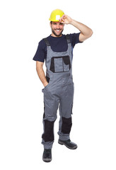 Portrait of smiling worker in gray uniform