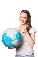 young woman holding a globe in his hands